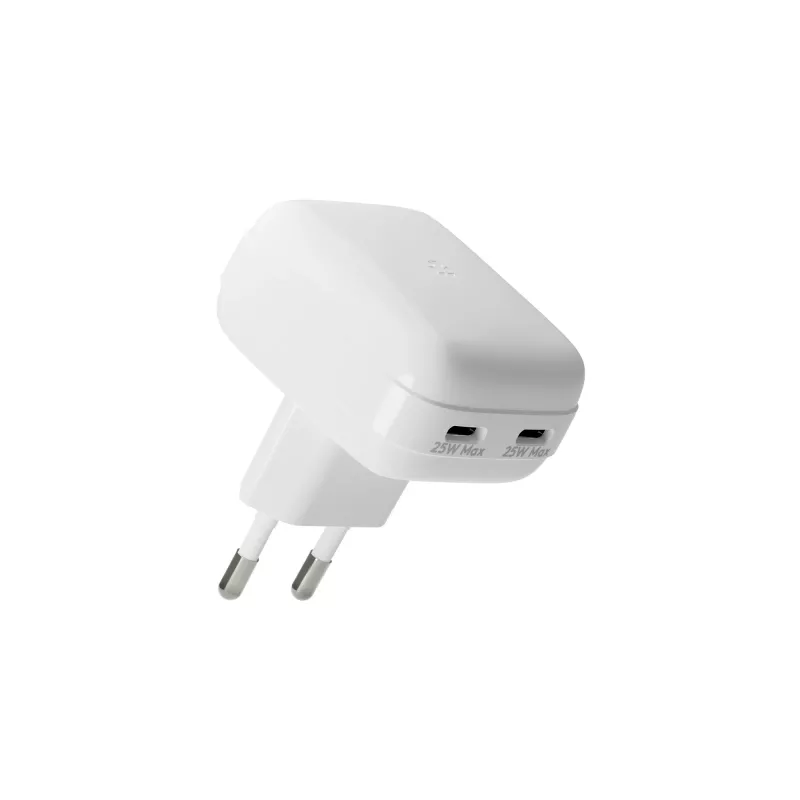 EU plokščias sieninis įkroviklis d bramante re-charge Pro — 2× USB-C 25 W, vidaus naudojimui, balta