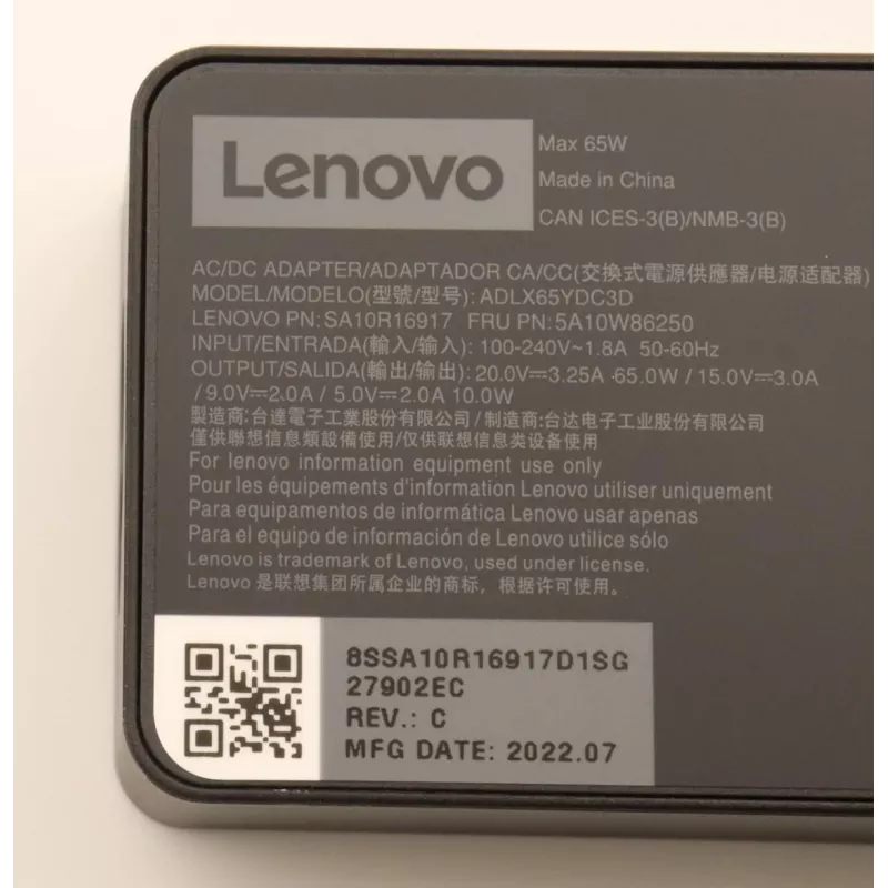 Lenovo 5A10W86250 maitinimo adapteris / keitiklis Vidaus 65 W Juoda