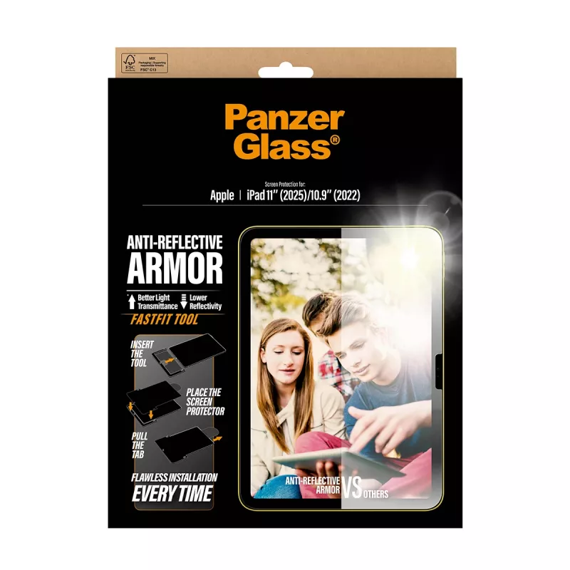 Ekrano apsauginė plėvelė PanzerGlass Anti-Reflective Armor, skirta iPad 11 colių (2025–2026 m.) / 10,9 colių (2022 m.) Ultra-Wide Fit su Fastfit įrankiu