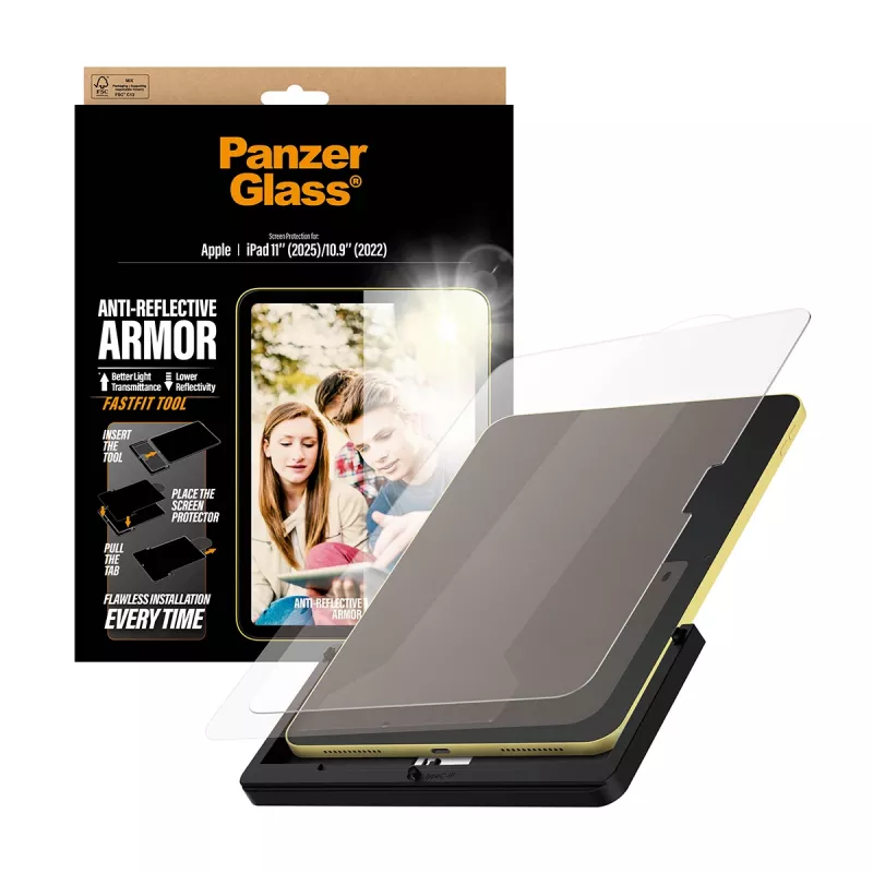 Ekrano apsauginė plėvelė PanzerGlass Anti-Reflective Armor, skirta iPad 11 colių (2025–2026 m.) / 10,9 colių (2022 m.) Ultra-Wide Fit su Fastfit įrankiu