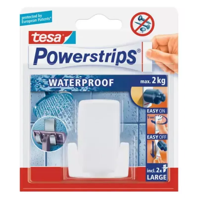 Skustuvų laikiklis Tesa Powerstrips Waterproof Wave, lipnus vonios laikiklis, vandeniui atsparus dizainas, baltas