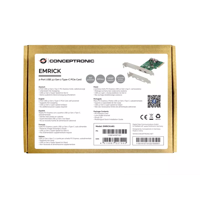 Conceptronic EMRICK 2 prievadų USB 3.2 Gen 2 Type-C PCIe plokštė, maitinama iš sistemos