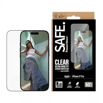 Apsauginė plėvelė PanzerGlass SAFE. by, skirta iPhone 17 Pro — itin plati PET plėvelė su juodu rėmeliu, sausas uždėjimas, atspari įbrėžimams ir smūgiams
