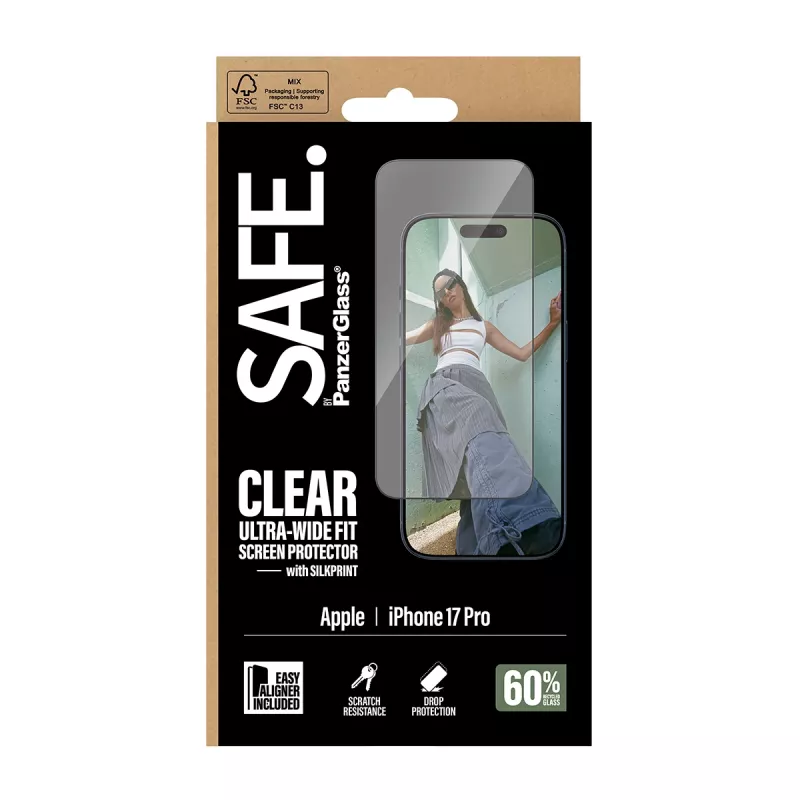 Apsauginė plėvelė PanzerGlass SAFE. by, skirta iPhone 17 Pro — itin plati PET plėvelė su juodu rėmeliu, sausas uždėjimas, atspari įbrėžimams ir smūgiams