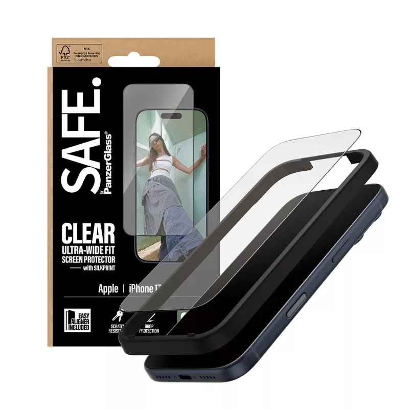 Apsauginė plėvelė PanzerGlass SAFE. by, skirta iPhone 17 Pro — itin plati PET plėvelė su juodu rėmeliu, sausas uždėjimas, atspari įbrėžimams ir smūgiams