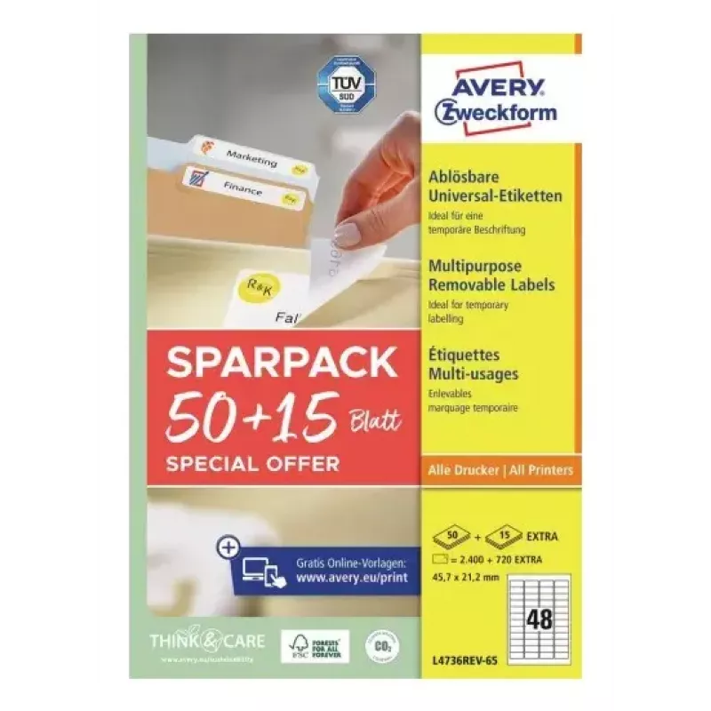 Lipnaus spausdintuvo etiketė AVERY L4736REV-65 Balta 4.57x2.12 cm