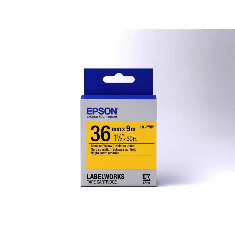 “Epson” etikečių kasetė, pastelinė LK-7YBP, juoda ant geltonos, 36 mm (9 m), juoda ant geltonos, Japonija, “LabelWorks LW-1000P”, “LW-900P”, 3,6 cm, 9 m, 1 vnt.