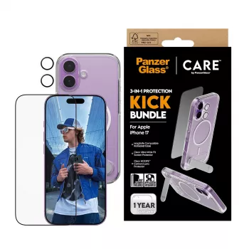 Apsauginis dėklas PanzerGlass CARE Feature Kick 3w1, skirtas iPhone 17, su integruotu ekrano stiklu ir kameros objektyvo apsauga