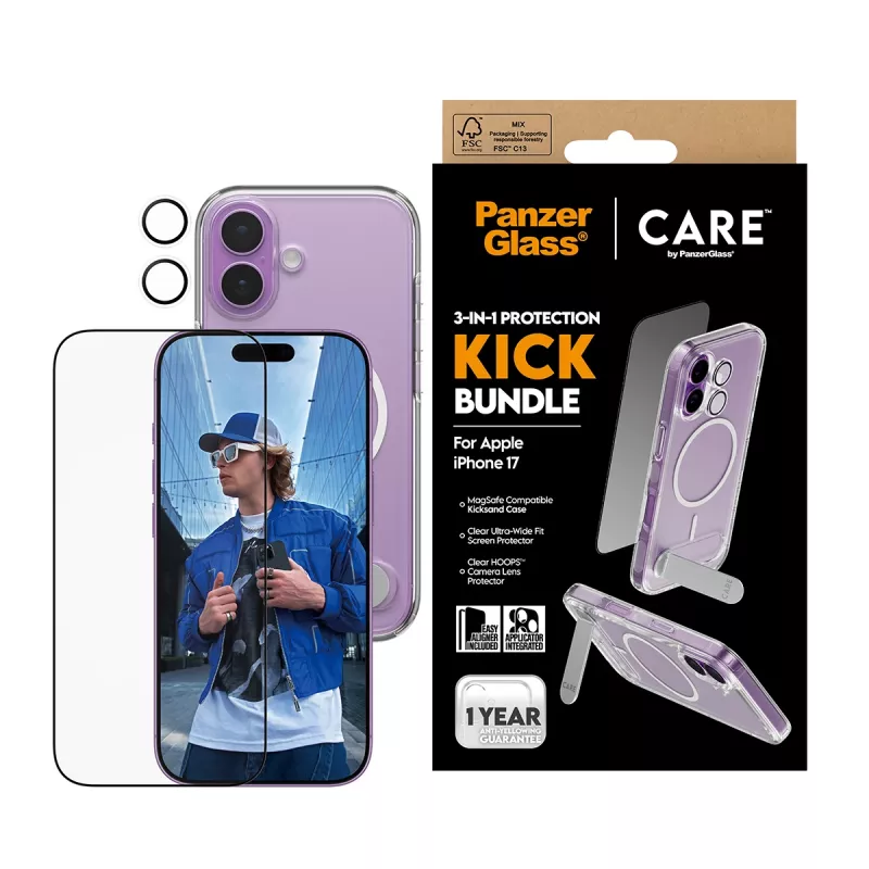 Apsauginis dėklas PanzerGlass CARE Feature Kick 3w1, skirtas iPhone 17, su integruotu ekrano stiklu ir kameros objektyvo apsauga