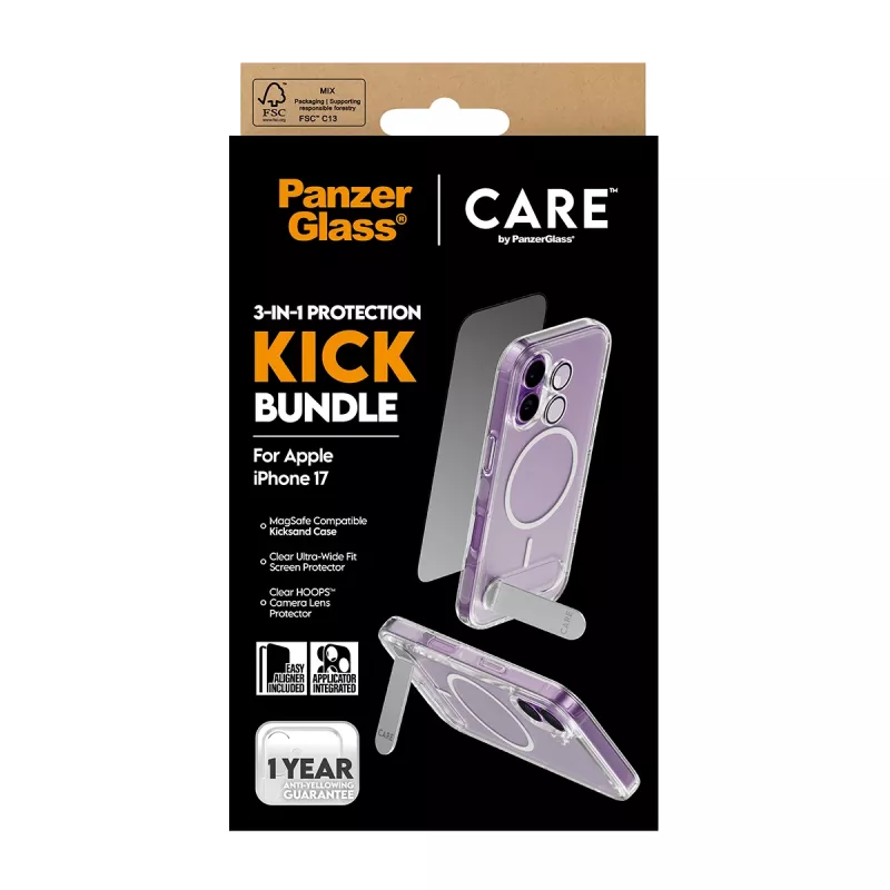 Apsauginis dėklas PanzerGlass CARE Feature Kick 3w1, skirtas iPhone 17, su integruotu ekrano stiklu ir kameros objektyvo apsauga
