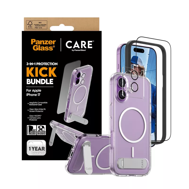 Apsauginis dėklas PanzerGlass CARE Feature Kick 3w1, skirtas iPhone 17, su integruotu ekrano stiklu ir kameros objektyvo apsauga