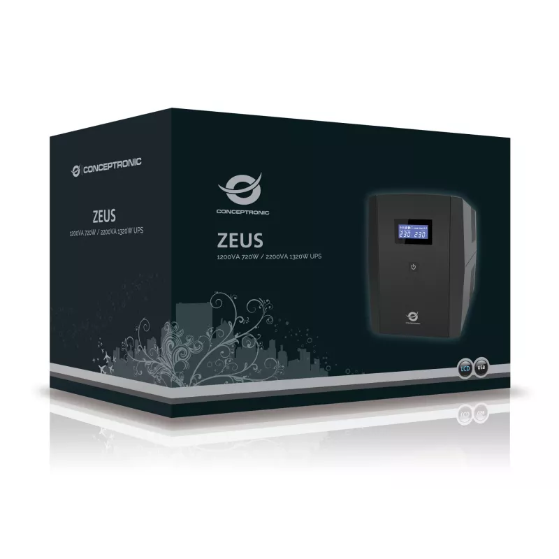 Conceptronic ZEUS 2200VA 1320W UPS, IEC + schuko lizdas, Line-Interactive, 2.2 kVA, 1320 W, 220 V, 240 V, 220 V