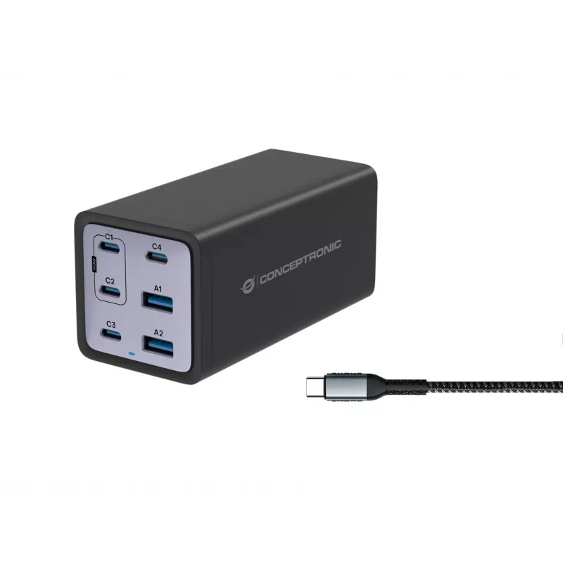 „Conceptronic“ 6 prievadų 200 W GaN USB PD įkroviklis su USB-C laidu, 4x USB-C, 2x USB-A, QC 3.0, PD 3.1, PPS