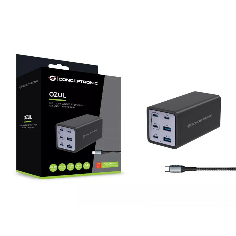 „Conceptronic“ 6 prievadų 200 W GaN USB PD įkroviklis su USB-C laidu, 4x USB-C, 2x USB-A, QC 3.0, PD 3.1, PPS