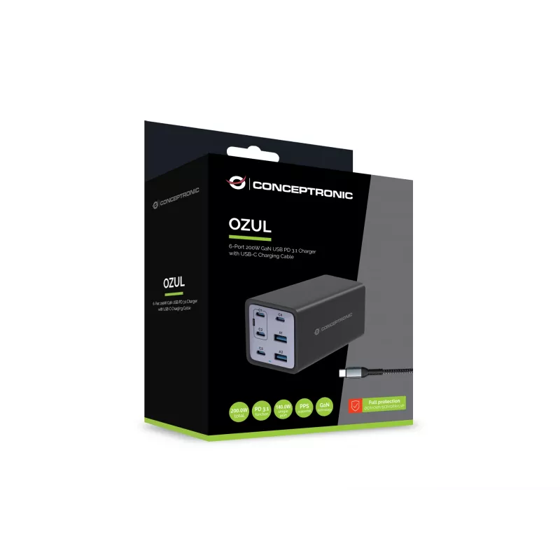 „Conceptronic“ 6 prievadų 200 W GaN USB PD įkroviklis su USB-C laidu, 4x USB-C, 2x USB-A, QC 3.0, PD 3.1, PPS