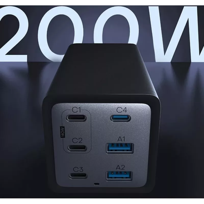 „Conceptronic“ 6 prievadų 200 W GaN USB PD įkroviklis su USB-C laidu, 4x USB-C, 2x USB-A, QC 3.0, PD 3.1, PPS