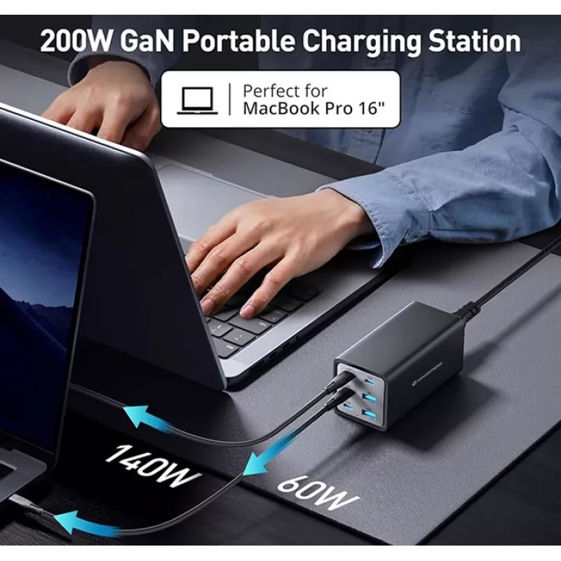 „Conceptronic“ 6 prievadų 200 W GaN USB PD įkroviklis su USB-C laidu, 4x USB-C, 2x USB-A, QC 3.0, PD 3.1, PPS