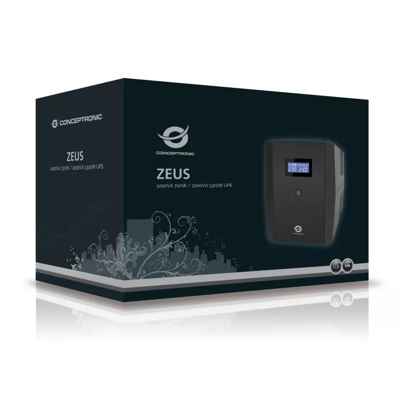 Conceptronic ZEUS 1200VA 720W UPS, IEC + schuko lizdas, Line-Interactive, 1,2 kVA, 720 W, 220 V, 240 V, 220 V