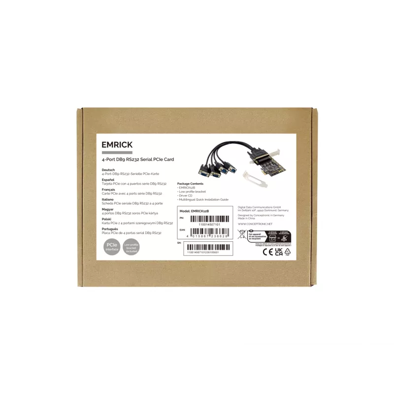 Konceptronic 4 prievadų DB9 RS232 nuoseklioji PCIe kortelė, PCIe, RS-232, PCIe 2.0, RS-232, juoda, Kinija