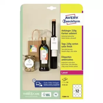 Nelipnios etiketės Avery T2004-10 120 vnt. Baltos Apvalios 6 cm