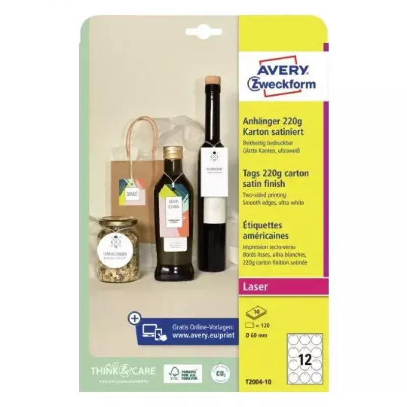 Nelipnios etiketės Avery T2004-10 120 vnt. Baltos Apvalios 6 cm