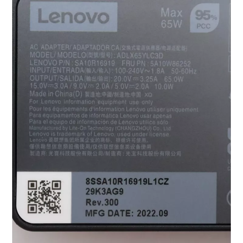 Lenovo 5A10W86252 maitinimo adapteris / keitiklis Vidinis 65 W Juoda