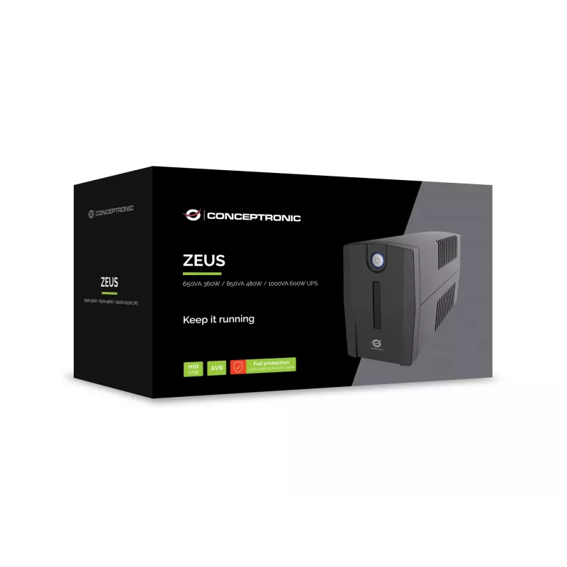Conceptronic ZEUS02G 850VA 480W UPS, UK lizdai x 2, HID USB, RJ45 įvestis/išvestis, AVR