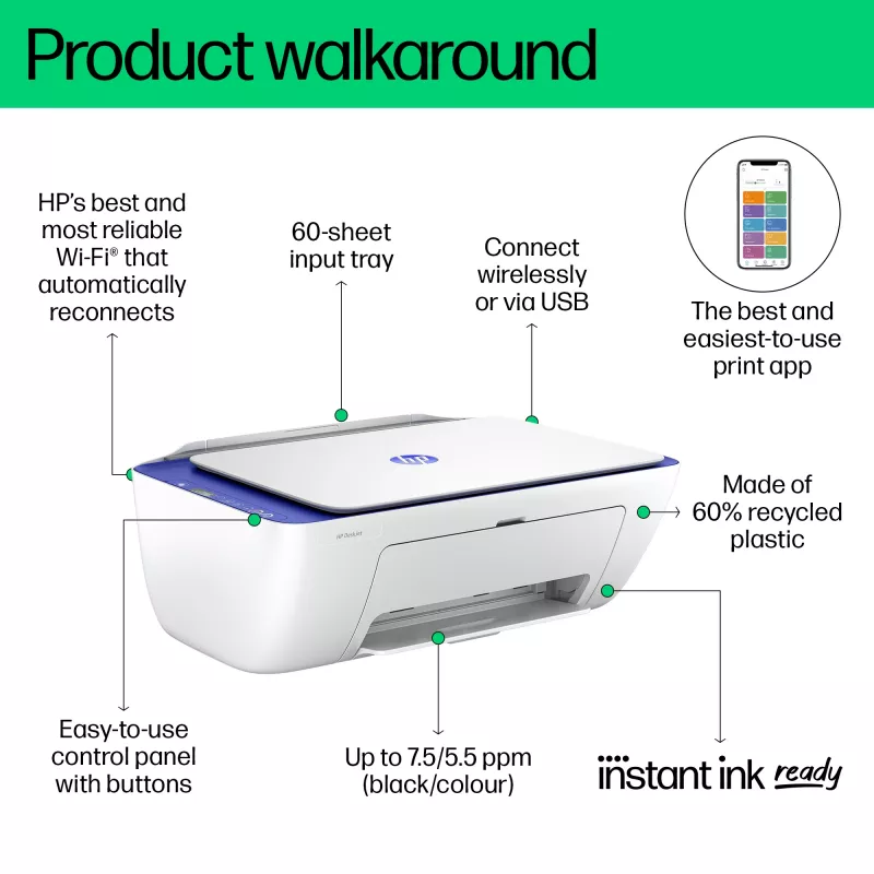 HP DeskJet 2821e belaidis daugiafunkcis spalvotas spausdintuvas, Instant Ink; kopijuoklis, skaitytuvas