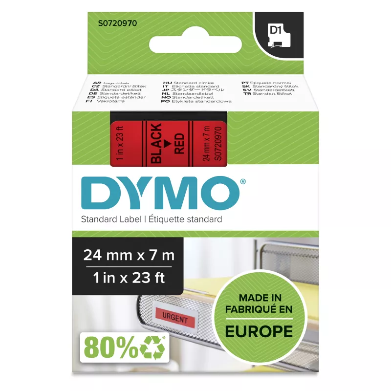 DYMO autentiškos D1 etiketės | 24 mm x 7 m ritinys | Juodas spaudinys ant raudonos | Lipnios etiketės, skirtos „LabelManager“ etikečių spausdintuvams