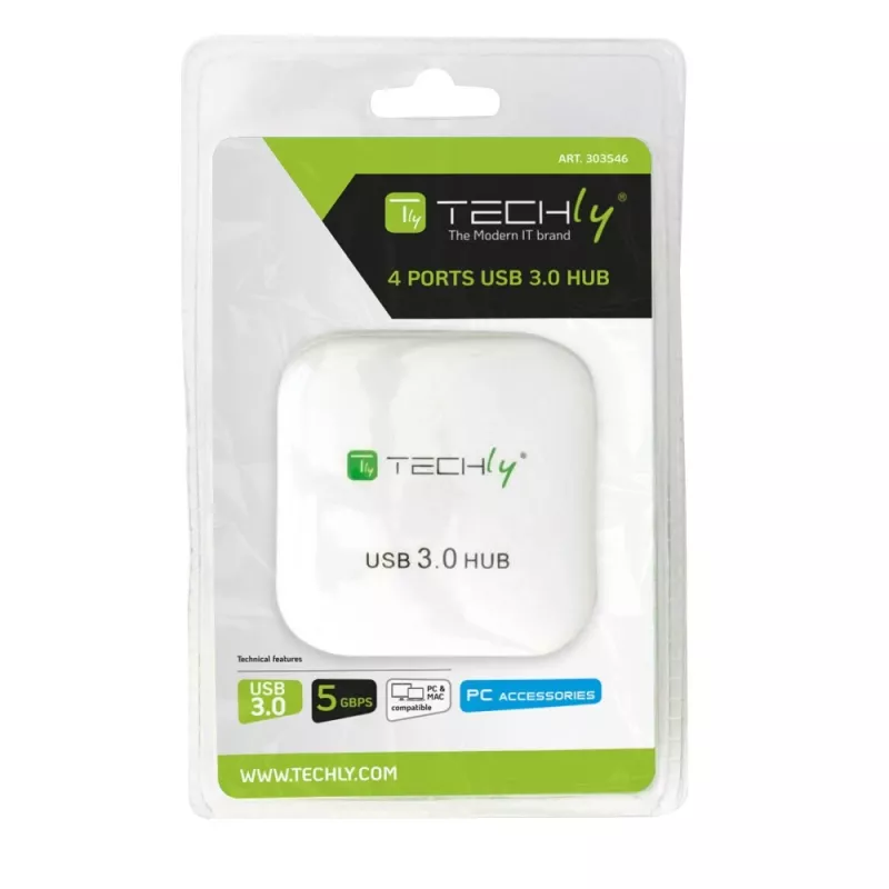 Techly USB 3.0 Super Speed Hub 4 prievadai, baltas, IUSB3-HUB4-WH, USB 3.2 Gen 1 (3.1 Gen 1) Type-A, 5000 Mbit/s, baltas, 0,8 m, CE, RoHS, USB 2.0 USB 1.1