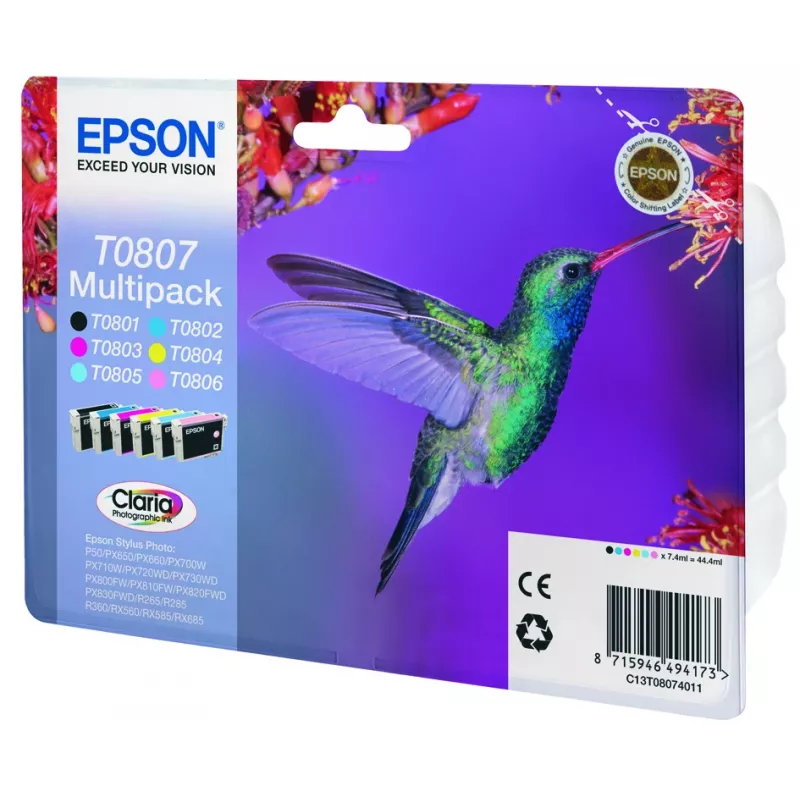 Epson Hummingbird daugialypė pakuotė 6 spalvų T0807 Claria fotografinis rašalas