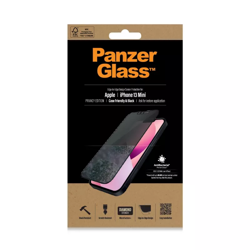 “PanzerGlass” privatumo ekrano apsauga “Apple iPhone 13 Mini”, dengianti visą priekį, atspari įbrėžimams ir smūgiams