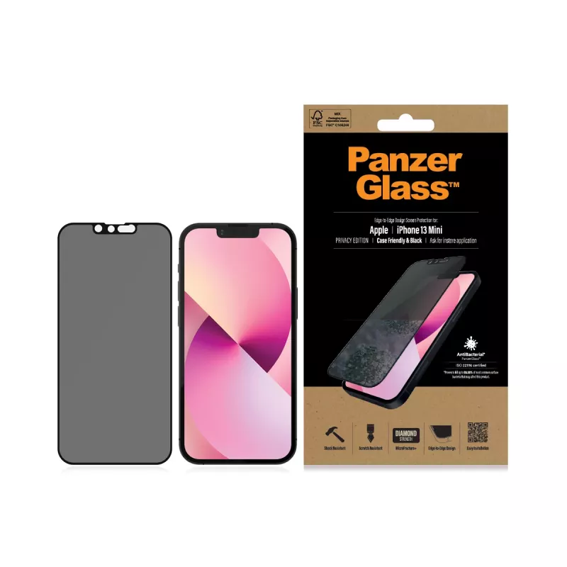 “PanzerGlass” privatumo ekrano apsauga “Apple iPhone 13 Mini”, dengianti visą priekį, atspari įbrėžimams ir smūgiams