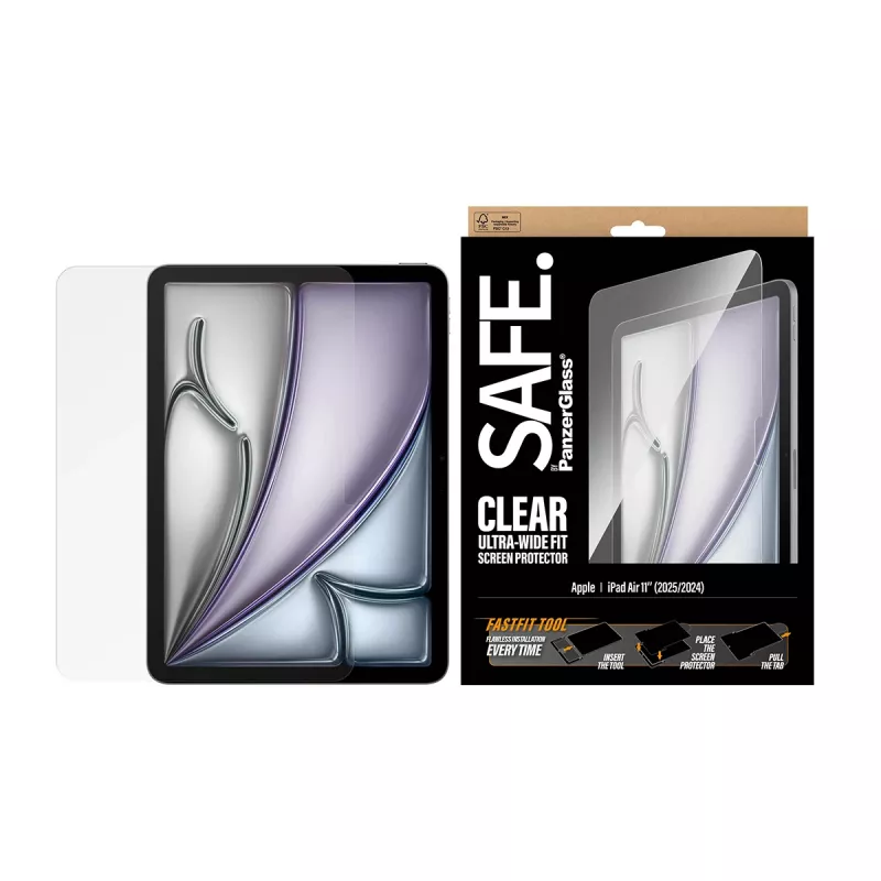PanzerGlass SAFE. by ® Ekrano apsauga iPad Air 11 col. (2024-2026) | Itin platus pritaikymas su Fastfit įrankiu
