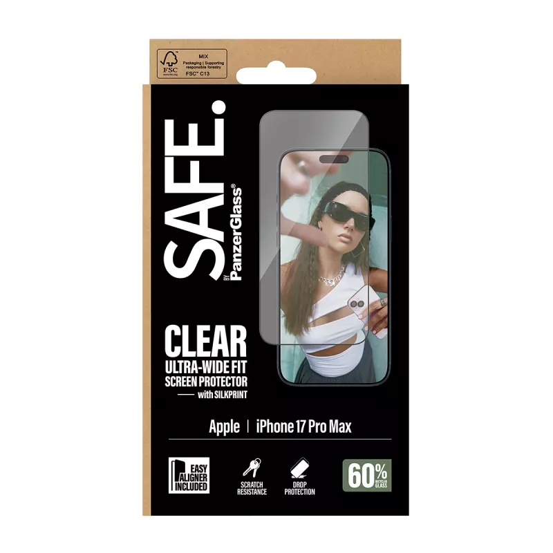 Ekrano apsauga PanzerGlass SAFE. „iPhone 17 Pro Max“ – itin plati PET plėvelė su juodu rėmeliu, „EasyAligner“, atspari įbrėžimams ir smūgiams