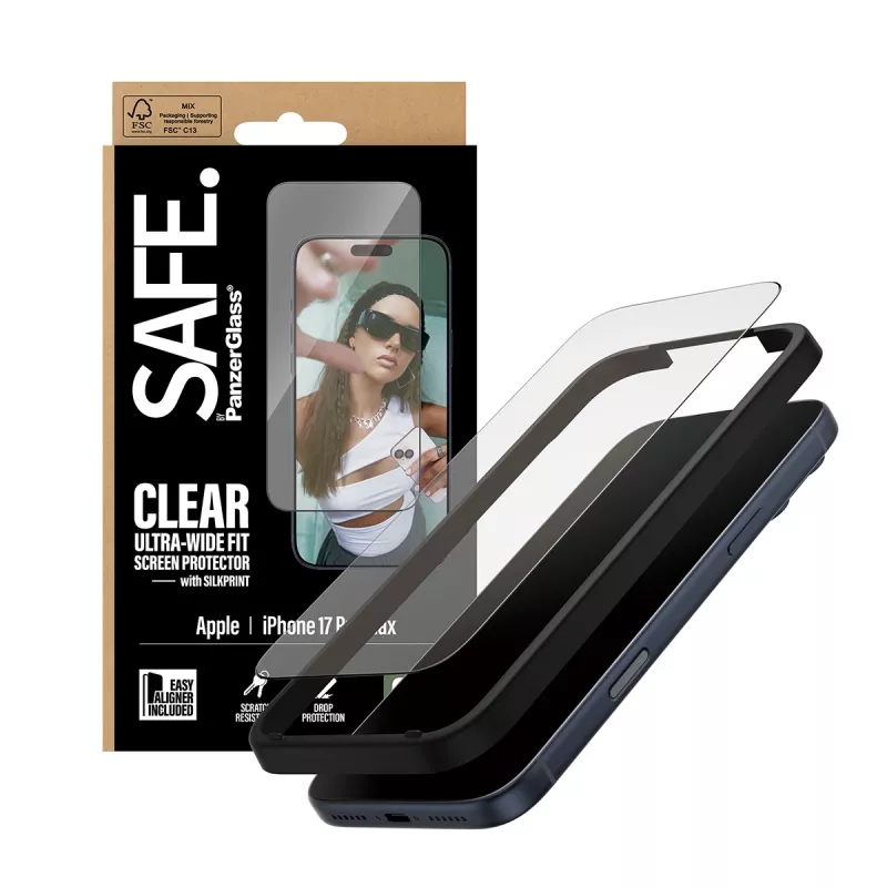 Ekrano apsauga PanzerGlass SAFE. „iPhone 17 Pro Max“ – itin plati PET plėvelė su juodu rėmeliu, „EasyAligner“, atspari įbrėžimams ir smūgiams