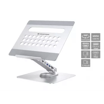 Conceptronic DONN27G, Nešiojamojo kompiuterio stovas, Sidabrinis, Aliuminis, 360°, USB 3.2 Gen 1 (3.1 Gen 1) Type-C, 5000 Mbit/s