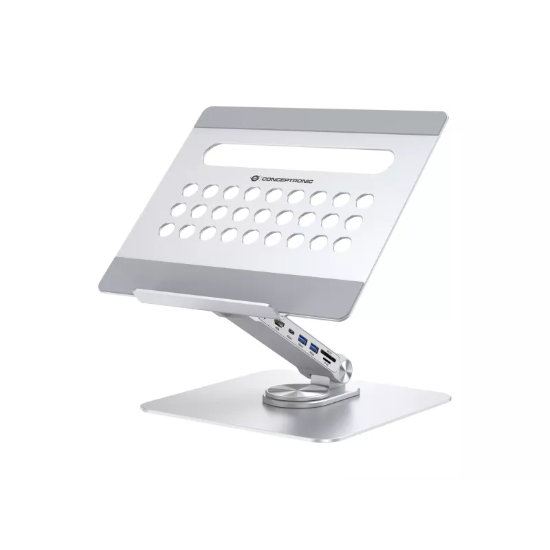 Conceptronic DONN27G, Nešiojamojo kompiuterio stovas, Sidabrinis, Aliuminis, 360°, USB 3.2 Gen 1 (3.1 Gen 1) Type-C, 5000 Mbit/s