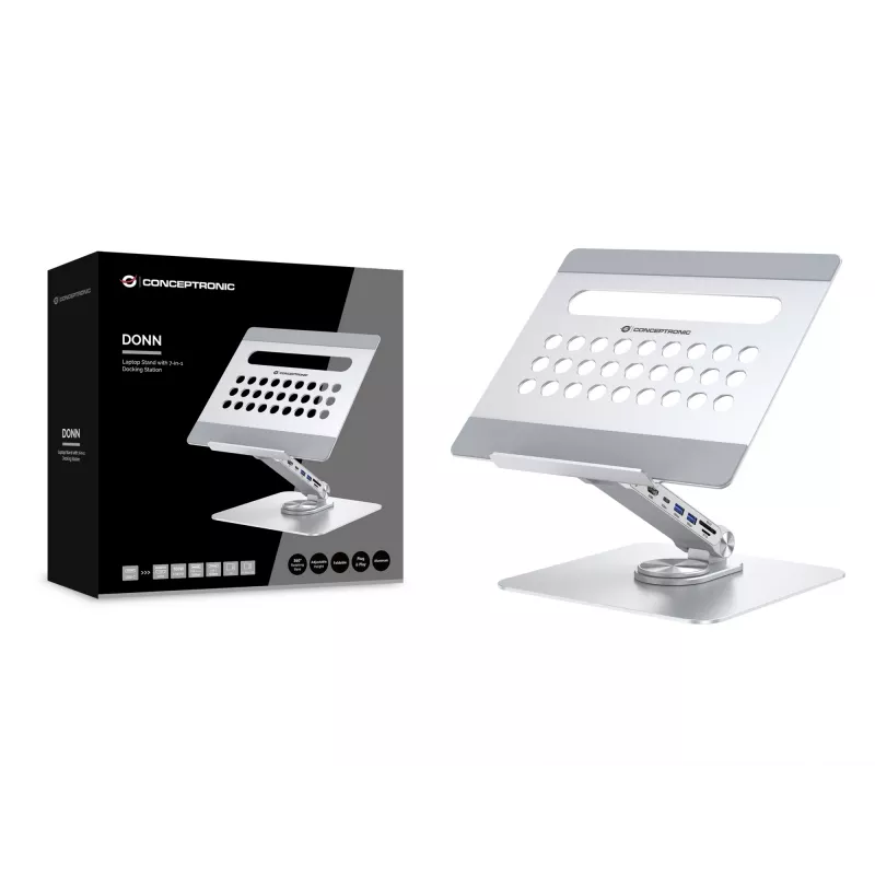 Conceptronic DONN27G, Nešiojamojo kompiuterio stovas, Sidabrinis, Aliuminis, 360°, USB 3.2 Gen 1 (3.1 Gen 1) Type-C, 5000 Mbit/s