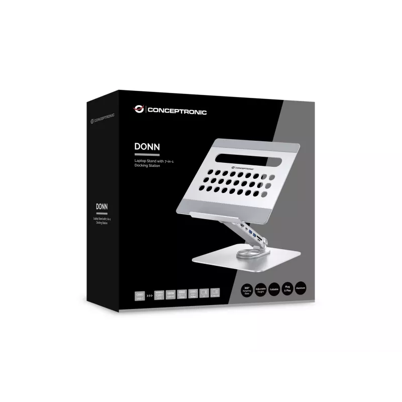 Conceptronic DONN27G, Nešiojamojo kompiuterio stovas, Sidabrinis, Aliuminis, 360°, USB 3.2 Gen 1 (3.1 Gen 1) Type-C, 5000 Mbit/s