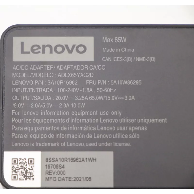 Lenovo 5A10W86295 maitinimo adapteris / keitiklis Vidinis 65 W Juodas