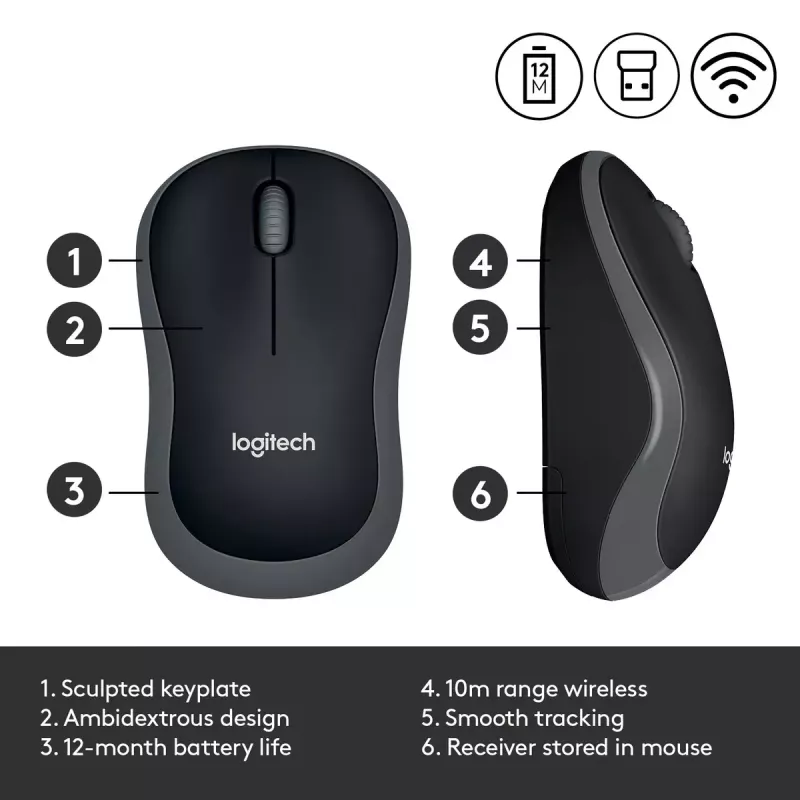 „Logitech M185 Swift“ belaidė pelė, pilka