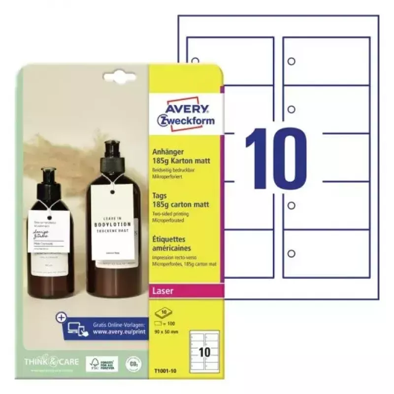 Nelipnios spausdintuvo etiketės Avery T1001-10 Baltos 9x5 cm 100 vnt.