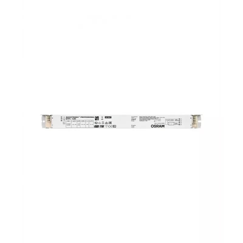 Elektrinis balastas Osram QTP5 1X80, tarnavimo laikas 100000 h, AC 198–264 V, 50/60 Hz, 40 A, -20–50 °C, 360×30×21 mm