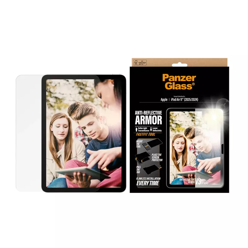 Ekrano apsauga PanzerGlass Anti-Reflective Armor, skirta iPad Air 11 colių (2024–2026) Ultra-Wide Fit su Fastfit įrankiu, PET / silikonas