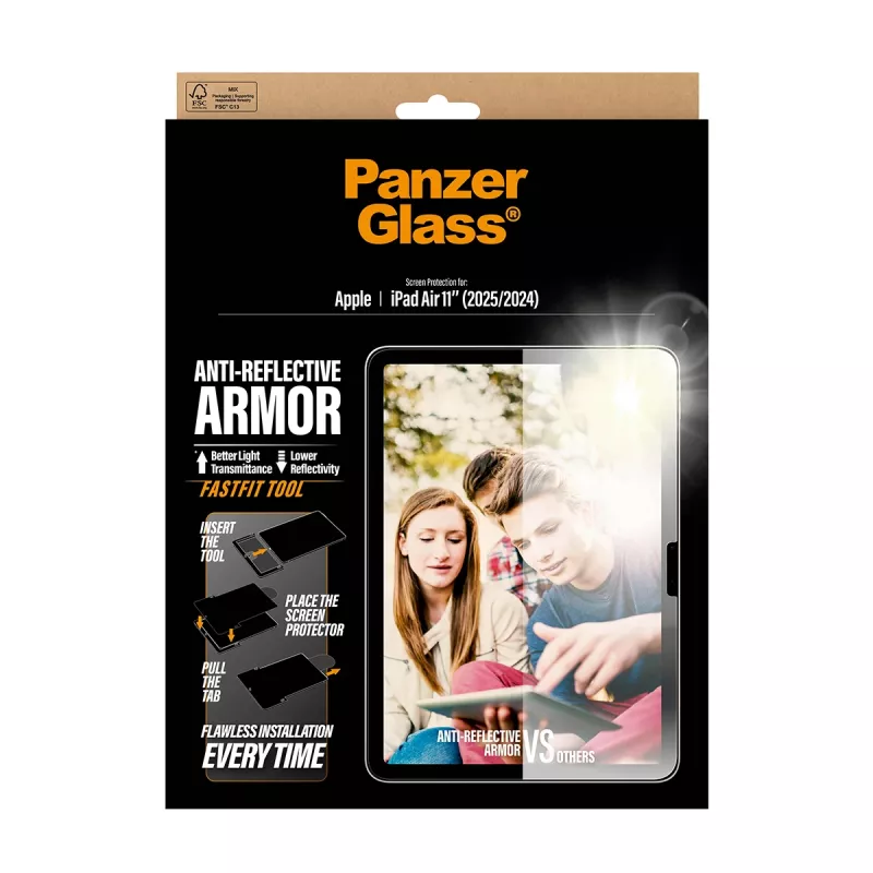 Ekrano apsauga PanzerGlass Anti-Reflective Armor, skirta iPad Air 11 colių (2024–2026) Ultra-Wide Fit su Fastfit įrankiu, PET / silikonas