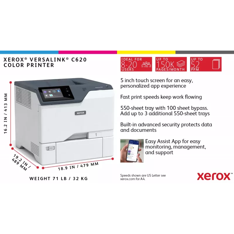 Xerox VersaLink C620 A4 50ppm Duplex spausdintuvas PS3 PCL5e/6 2 padėklai 650 lapų