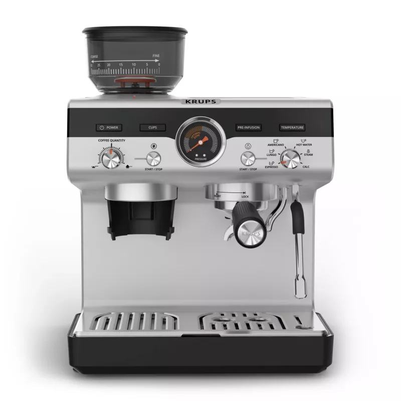 Espreso aparatas KRUPS XP801T pusiau automatinis su įmontuotu malūnėliu, 3 L vandens bakelis, 2 puodelių išpylimas, juoda / nerūdijantis plienas