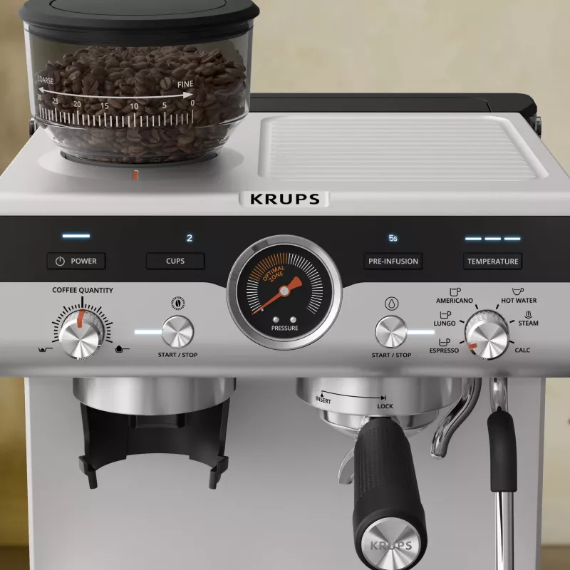 Espreso aparatas KRUPS XP801T pusiau automatinis su įmontuotu malūnėliu, 3 L vandens bakelis, 2 puodelių išpylimas, juoda / nerūdijantis plienas
