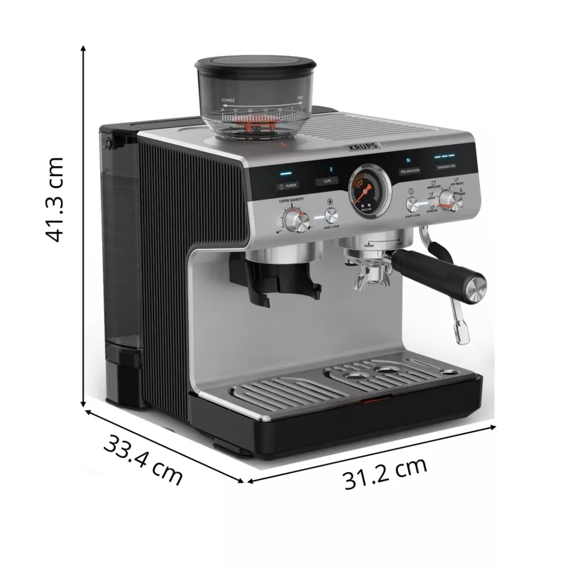 Espreso aparatas KRUPS XP801T pusiau automatinis su įmontuotu malūnėliu, 3 L vandens bakelis, 2 puodelių išpylimas, juoda / nerūdijantis plienas